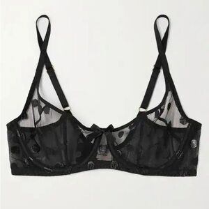 Camsen Embroidered Polka-Dot Tulle Underwired Black Bra - Size 34C